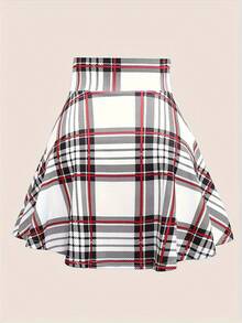 Nueva Falda de Talle Alto con Cordones y Estampado de Cuadros, Versátil y Esponjosa de Línea A - [Blanco] - Ver 2