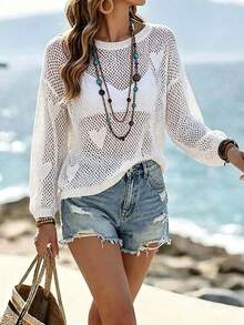 White Heart Jacquard Mesh Knit Hollow Out Long Sleeve Sun Protection Cover-Up Top, Summer Beach Vacation Casual Cover Up For Women - White - View 5