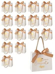 5/1pc Graduation Gift Bags With Gold Ribbon, White Paper Graduation Celebration Bags Printed With Mortarboard And Diploma Pattern, Luxury Graduation Party Gift Bags Suitable For High School And College Graduation Gifts, Party Supplies And Table Decor - Multicolor - View 1