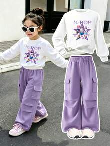 Young Girl Cartoon Print Crew Neck Sweatshirt And Straight Leg Pants Set - Purple - View 1