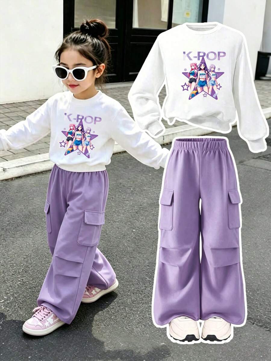 Young Girl Cartoon Print Crew Neck Sweatshirt And Straight Leg Pants Set - Purple - View 1