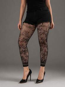 Leggings de talla grande para mujer con alta elasticidad, jacquard y red hasta el tobillo, medias góticas con estampado floral, medias de malla negras sexys y de moda - Negro - Ver 3