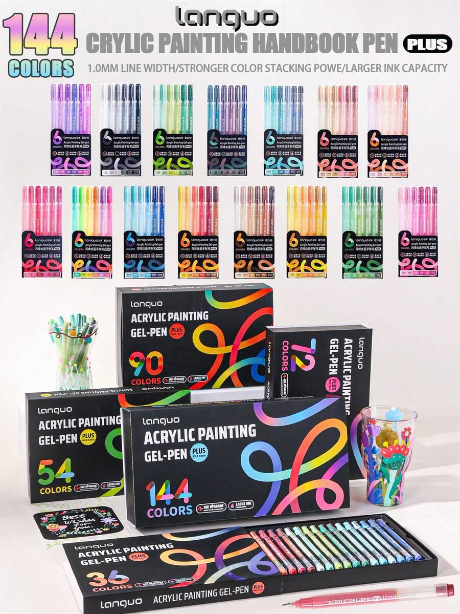 Languo 144/90/72/54/36/6 Colors Acrylic Paint Pen Set, 1.0mm Precision Color High Capacity Ink, Suitable For Line Drawing, Coloring, Outlining And Color Mixing, Applicable To Glass, Ceramics, Plastic, Wood, Stone, Fabric, Paper, Etc., Excellent Color Coverage Effect, Ideal Gift Choice, 2026 Art Supplies Stationery Essential
