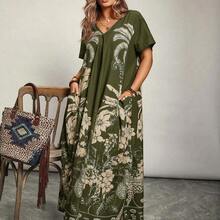 guangzhougaolangshangmao Freevana Vestido de talla grande para mujer con bolsillos, de manga corta y estampado floral para vacaciones - Marrón - Ver 5