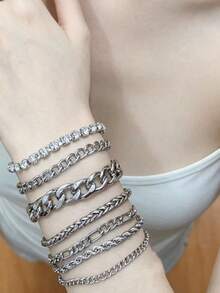 4-15pcs/Set Stainless Steel Cross Chain Bracelet Set For Men, Daily Wear Gift For Birthday, Christmas - Silver - View 5