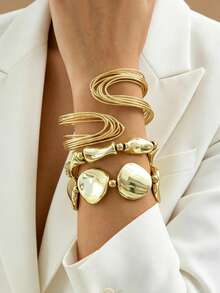 3 pièces Ensemble de bracelets ouverts géométriques linéaires multicouches exagérés de luxe pour femmes, combinaison de bracelets vintage à la mode asymétriques géométriques avec perles CCB, convient pour le port quotidien, les fêtes, les rendez-vous et les vacances - Doré - Voir 1
