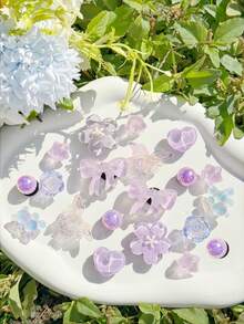 20pcs Transparent Purple Glitter Resin Shoe Charms, Bowknot Bear Heart Flower Detachable DIY Accessories, Fit Sandals Perforated Slides Ankle Boots, Holiday Gift - Purple - View 5