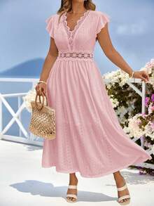 Vestido de primavera/verano para mujer de talla, vestido corte evasé con mangas de campana, cuello y cintura con encaje elástico jacquard blanco, vestidos de verano para mujer, vestido fluido - Rosa - Ver 1