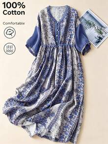 Đầm casual in hoa cổ chữ V thắt eo có túi, đầm công sở thanh lịch thời trang, đầm dự tiệc in hoa đa năng, đầm boho đi nghỉ mát với thiết kế cổ áo phối hợp mùa hè - Bụi tím - Xem 3
