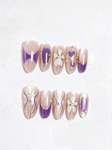 30pcs Press On Almond Shaped Nail Patch,Luxury Full Coverage Of Vacation Style Nail Art,Cat's Eye Pearl Hand Drawn Flower,Reusable,Contain 1pc Jelly Gel And 1pc Nail File, Suitable For Women/Girls' Daily Life,Holidays, Travel,Party ﻿ ﻿ ﻿ Nails - Multicolor - View 3
