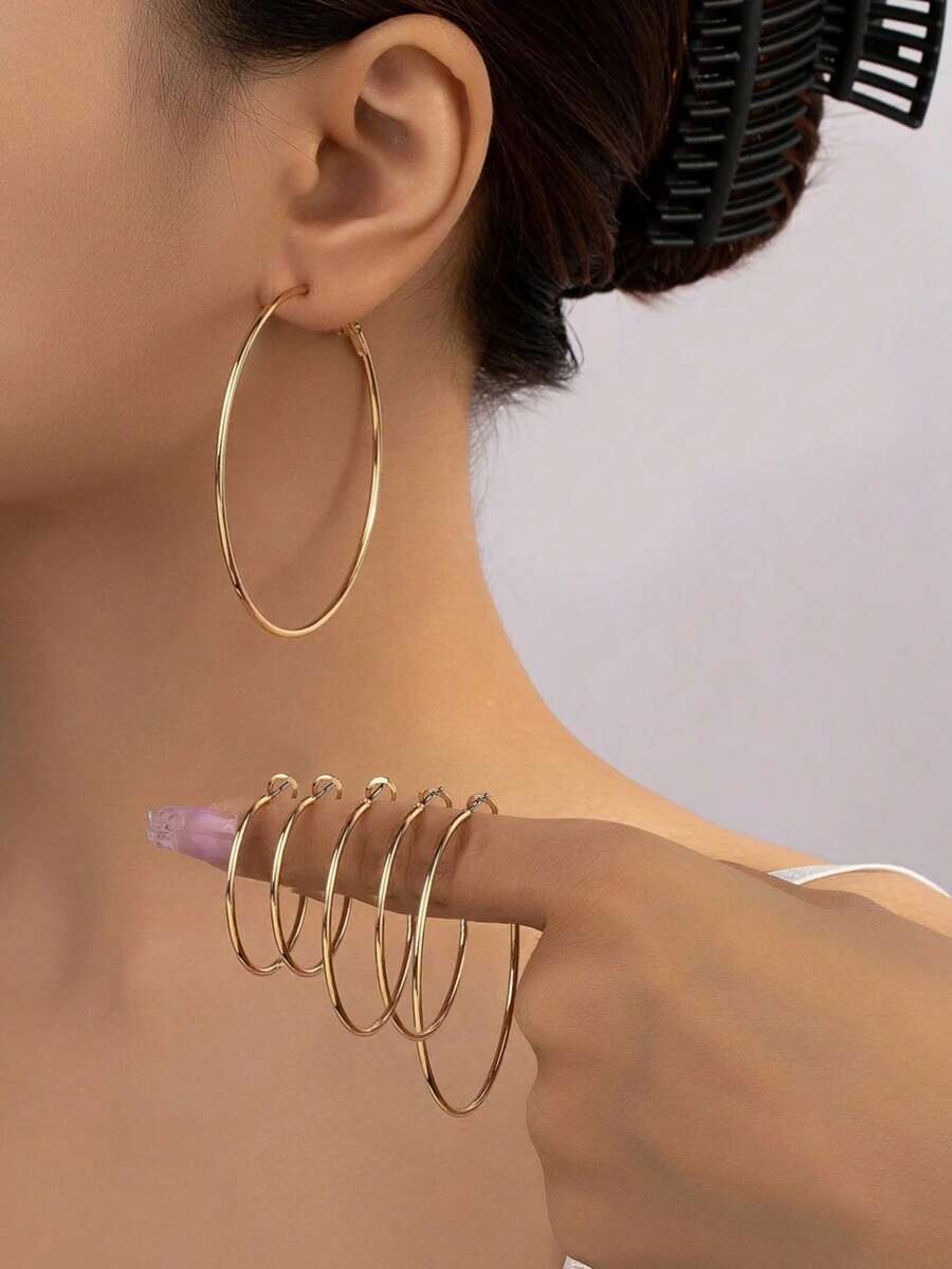 6pcs Exaggerated Vintage Style Gold-Tone Women's Round Textured Stainless Steel Earrings Minimalist Personalized Non-Fading Hoop Earring Set - Yellow Gold - View 1