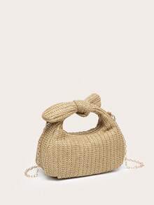 1pc Women's Straw Handbag With Wrist Bow Decoration, Shell And Starfish Accents, Suitable For Shopping, Outings And Beach Vacation - Camel - View 2