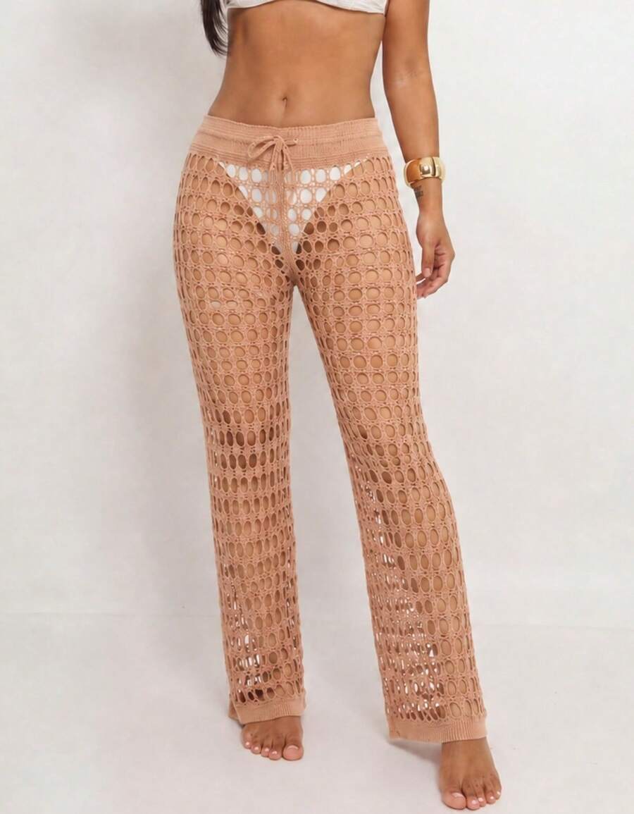 Knitted Beach Cover-Up Pants With Elastic Tie-Up Fishnet - Rusty Rose - View 1
