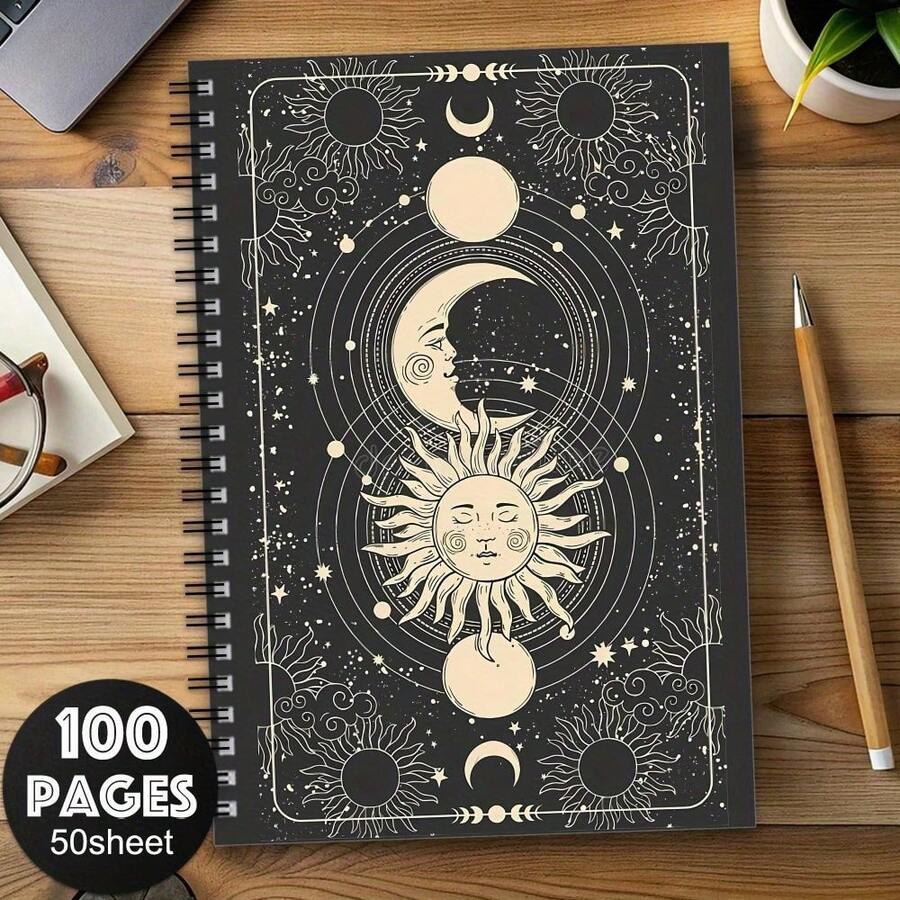 1本 神秘女巫螺旋筆記本-天空日、月、星設計,黑金魔法封面,100頁橫線紙,適合日記、旅行、學校與辦公,小女巫主題禮物,萬聖節 - A - 查看 1