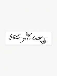 1 pieza Pegatina de tatuaje con patrón de mariposa y frase corta en inglés "Follow Your Heart" de estilo herbal, diseño de tatuaje realista, adecuado para viajes, festivales de música, juegos, regalos de graduación, para 7-14 días - Negro - Ver 4