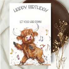1套高地牛「Let Your Hair Down And Party」生日卡附信封，跳舞高地牛與音符插圖，「Happy Birthday」諧音趣味動物賀卡 - 多色 - 查看 9