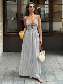 Halter Neck Striped Backless Dress Available In Multiple Colors - Light Grey - View 2