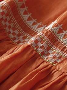 Vestido elegante de talla grande para mujer con cuello en V, bordado, cintura ceñida y media cremallera - Naranja - Ver 8