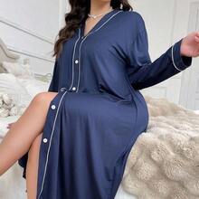 ghadjgyjad  Vestido de dormir casual de manga larga y cuello en V de talla grande, Moo Moo con detalles cómodos y elegantes, para otoño e invierno - Azul marino - Ver 6