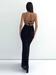 New Printed Bandeau Dress With Bows And Open Back - Black - View 4
