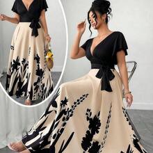 guang zhou mi qian shang mao  Vestido casual suelto de manga corta con cuello en V, volantes en el bajo, cintura con lazo, tela de parche estampada tejida, elegante y versátil para uso diario, trabajo, vacaciones, primavera/verano, tallas grandes para mujeres - Marrón - Ver 10