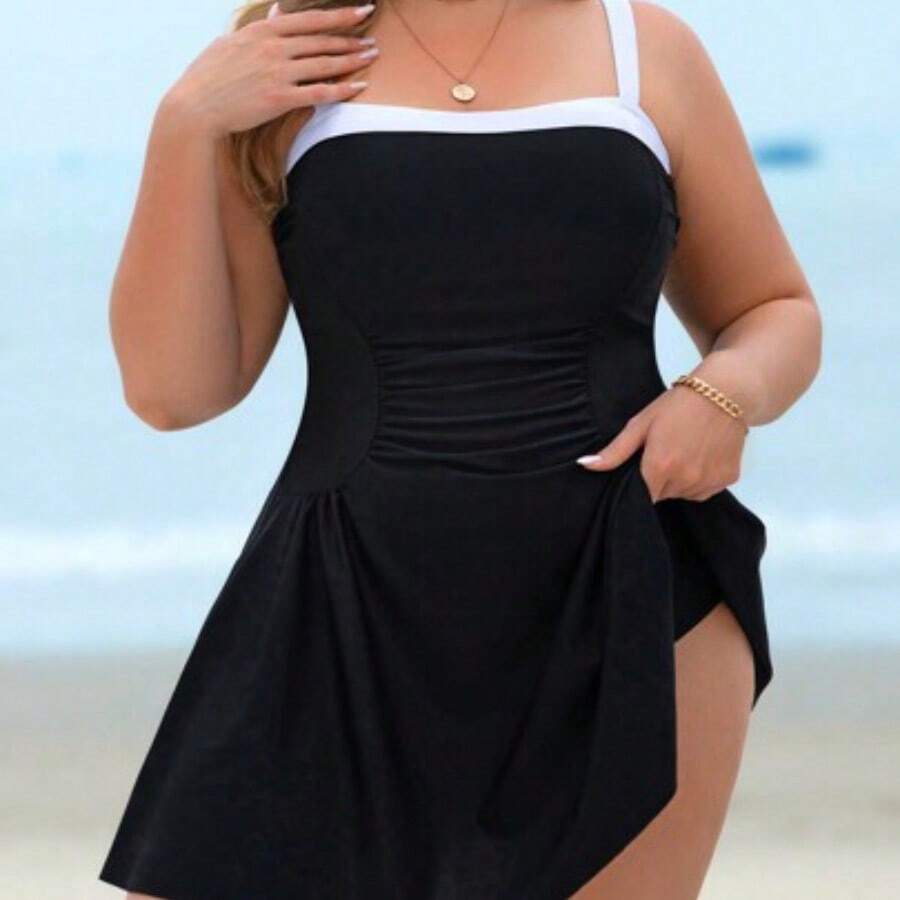guang zhou mi qian shang mao Swim Lushoire Falda elegante y sexy para la playa con bloques de color negro y blanco, plisada y con tirantes ajustables, para tallas grandes - Negro01 - Ver 1