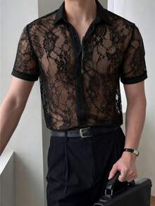 GloMan Men's Black Sheer Lace Loose Fit Drop Shoulder Short Sleeve Shirt, Vacation, Summer For Daily, Date, Beach Vacation, For Boyfriend/Husband - Black - View 4