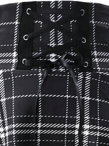 New High Waisted Skirt With Drawstring And Check Print, Versatile And Fluffy A-Line - Black and White Lines - View 4