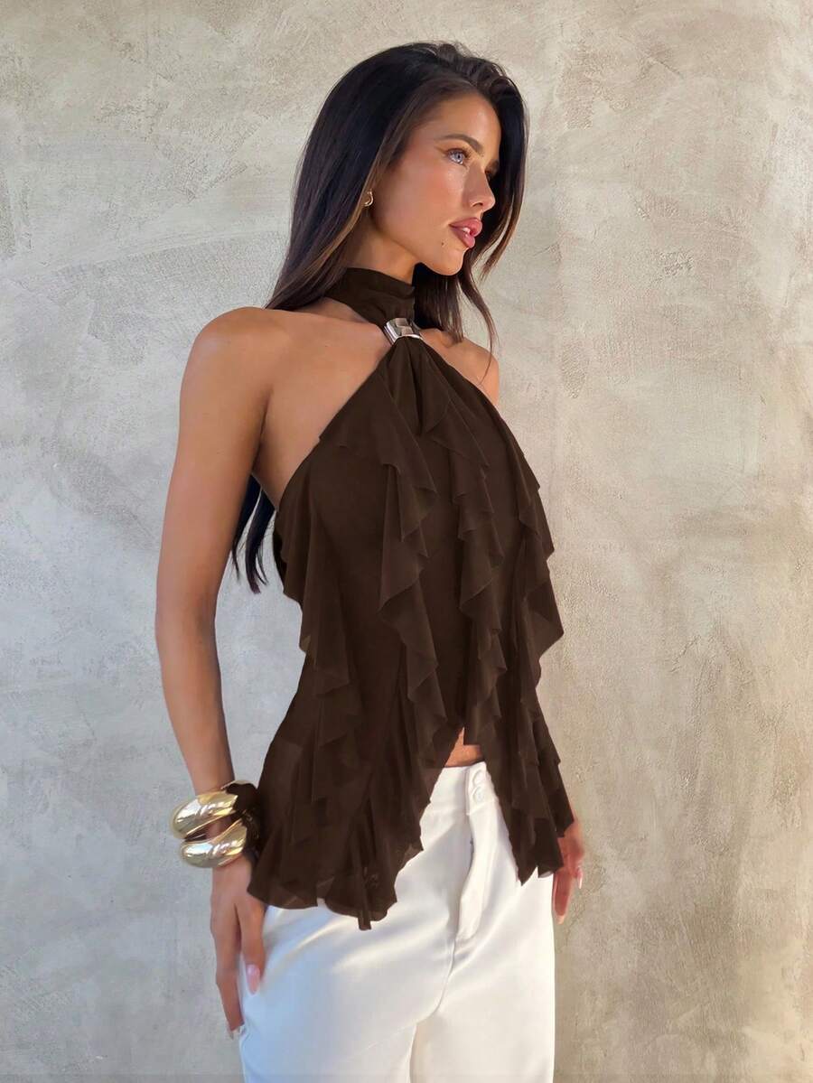 Women's Fitted T-Shirt With High Neck And Elegant Multi-Layered Ruffles - Coffee - View 1