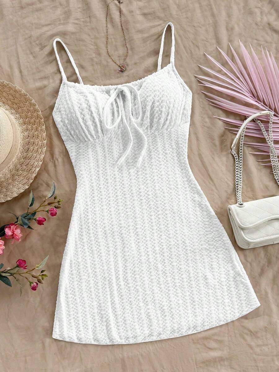 Vestido de tela texturizada con tirantes finos y entallado, para primavera/verano y vacaciones - Blanco - Ver 1