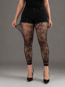 Leggings de talla grande para mujer con alta elasticidad, jacquard y red hasta el tobillo, medias góticas con estampado floral, medias de malla negras sexys y de moda - Negro - Ver 4