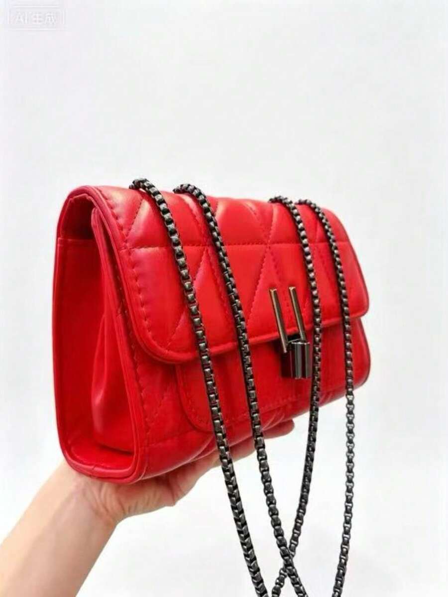 Women's Crossbody Shoulder Bag With Chain Strap Y [8780] - Red - View 1