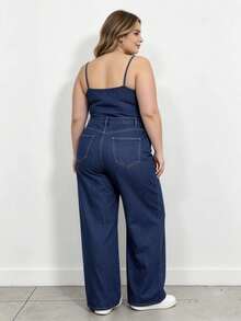Calça Jeans Wide Leg Plus Size Feminina Cintura Alta Pantalona Confortável - Lavagem escura - Visão 3