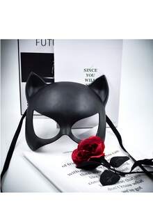 黑色貓耳半臉面具，極簡主義威尼斯面具，女性萬聖節服裝派對角色扮演配件 - 查看 1