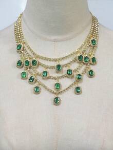 Multi-Layer Asymmetrical Rhinestone Necklace, Bridal Wedding Jewelry Necklace Accessory - Green - View 2