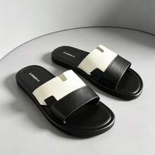 Unisex Black & White Colorblock Hollow Strap Open Toe Slides, Casual Sandals, Spring/Summer Minimalist Luxury Style, Soft Elastic Non-Slip Wear-Resistant Sole, Lightweight Slip-On Footwear, Suitable For Home, Beach, Daily Outdoor Wear, Light & Comfortable - Black and White - View 2
