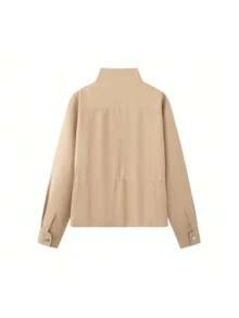 Chaqueta con cordón para mujer, elegante, unicolor, con cuello alto y manga larga, abrigo casual de calle para mujer - Caqui - Ver 11