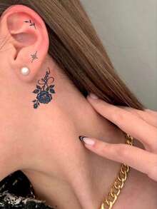 Pegatina de tatuaje semipermanente de huella dactilar Y2K, duración de 1-2 semanas, patrón de rosa LOVE, tatuaje temporal de línea fina DIY para dedo, oreja, hombro, cuello, clavícula - Azul - Ver 3