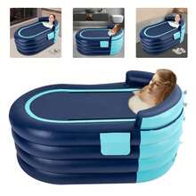 Rectangular Inflatable Bathtub, 33.07x55.11x29.13in, Blue PVC Material, 4 Chambers, 220lbs Load-Bearing Capacity, With Shower Cover And Wireless Inflation, For Adults - 1 - Ver 4