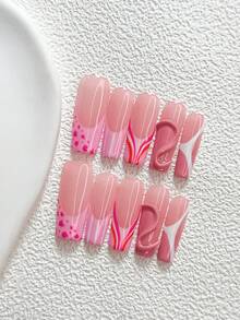 10Pcs Gentle Style Handmade Press On Nail,Polygel Nail Set,Polka Dot And Stripe,Pink,White And Orange Nail Polish,Sweet Style,Includes Nail Tools,3 Sizes Available,Almond,Duck,Coffin Nails For Party,Dance,Daily Wear. - Multicolor - View 19
