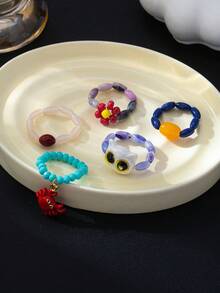 5pcs/Set Fashion Cute Cartoon Cat Beaded Rings Bohemian Beaded Crab Pendant Vacation Style Stackable Elastic Finger Rings Women's Daily Wear Ring Set - Multicolor - View 4