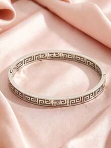 Gold Stainless Steel Greek Key Pattern Bracelet, Minimalist Rolling Design Women's Bangle, Hypoallergenic Waterproof Jewelry Gift - Yellow Gold - View 9