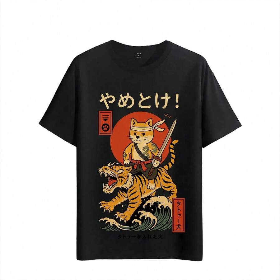 Tshirt Muscle Freaks Cat Samurai Style Tiger Tattoo - Black - View 1