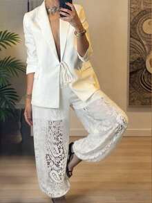Elegant Commuter White Lace Cuffed Pants Summer - White - View 4