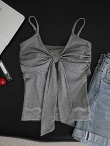 French Solid Color Twist Ribbon Cami Top, New Summer Women's Fitted Slimming Fixed Strap Padded Versatile Top Casual - Grey - View 5