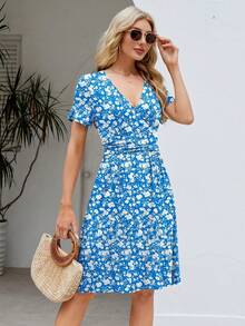 Womens Summer Dresses For Women 2026 Spring Floral Sundress Short Sleeve V Neck Wrap Dress With Pockets Festival Outfits Elegant Dress For Women Dress For Women - 06 藍色花卉 - 查看 4