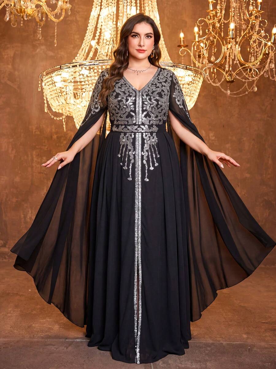 SUPGIR [Random Print] Plus Size Women Long Sleeve Reversible Waist Belt Sequin Patchwork Evening Dress Black Fall - Black - View 1