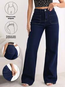 Jeans Amplios de Cintura Alta de Color Azul Oscuro para Mujer, Pantalones Simples y Retro - Azul lavado oscuro - Ver 1