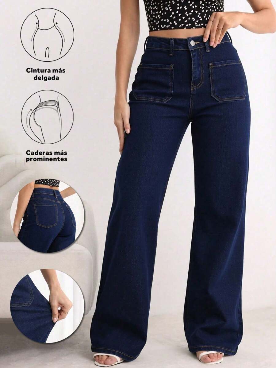 Jeans Amplios de Cintura Alta de Color Azul Oscuro para Mujer, Pantalones Simples y Retro - Azul lavado oscuro - Ver 1