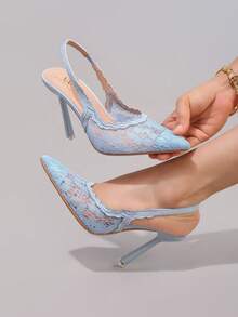 Sepatu Hak Tinggi Bordir Renda, Sandal Hak Tipis Modis Warna Biru Muda untuk Wanita, Sepatu Musim Panas - Baby Blue - View 6